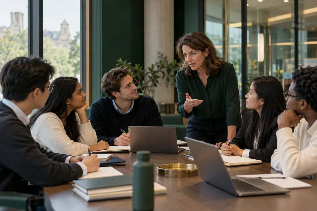 Facilitator leading a discussion with a diverse group of business-school students around a seminar table